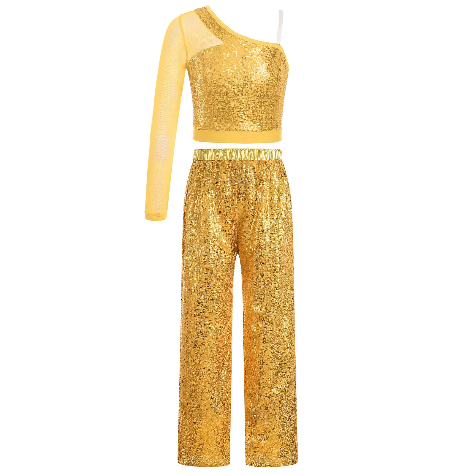 

Kids Girls Sequins Jazz Dance Costume Long Sleeve One Shoulder Cropped Top with High Waist Wide-Leg Pants for Stage Performance