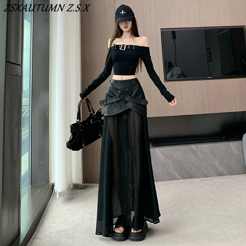 Black Leather Skirt Women Slim Mesh Stitching Leather Bag Hip Korean Pleated Fashion Autumn Long Skirt Fishtail Skirt New