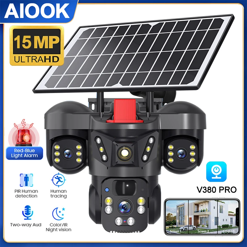 

AIOOK 4G Solar Camera HD 15MP Triple Lens V380 Pro Outdoor Camera Night Vision Waterproof Two Way Intercom Mobile Tracking CCTV