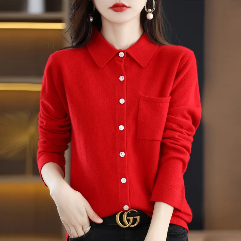 LHZSYY 100% Wool 2022 Spring and Autumn New Polo Neck Wool Knitted Cardigan Top Women\'s Style Loose With Pocket Sweater Coat