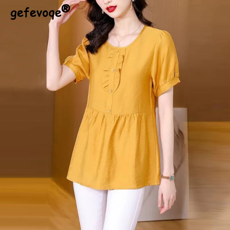 2024 Summer Women\'s Korean Fashion Ruffled Short Sleeve Blouse Office Lady Elegant Commute Shirt Casual Solid O Neck Loose Tops