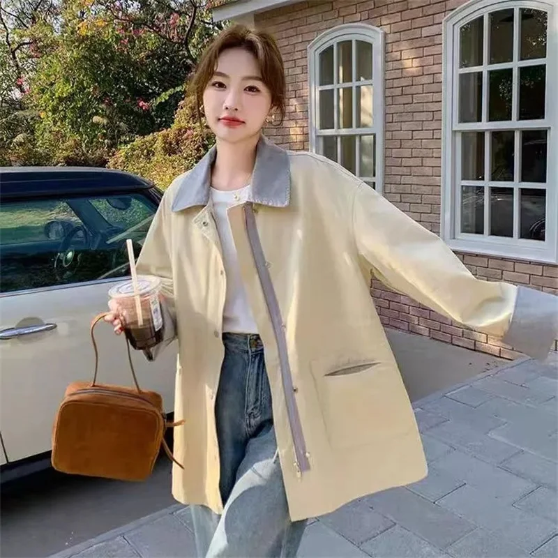 เสื้อโค้ทกันลมดีไซน์ตัดสีสำหรับผู้หญิง ฤดูใบไม้ผลิ/ฤดูใบไม้ร่วง 2025 แจ็คเก็ตใหม่สไตล์เกาหลี เสื้อคลุมลำลองทรงหลวม แฟชั่นเสื้อคลุมสำหรับผู้หญิง