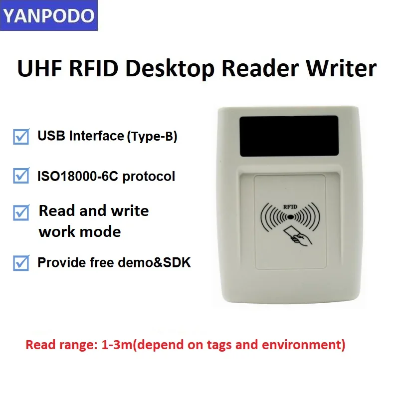 

YANPODO UHF RFID 860-960 МГц Копировальный аппарат для карт ISO18000-6C EPC C1GEN2 Настольный считыватель и записывающий код карты с интерфейсом USB (Type-B)