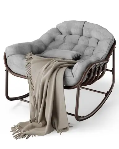 Oversized Rocking Egg Chair, Wicker Rattan Lounge Chair with Waterproof Cushion & Metal Frame For Patio Living Room, 450LBS Capa