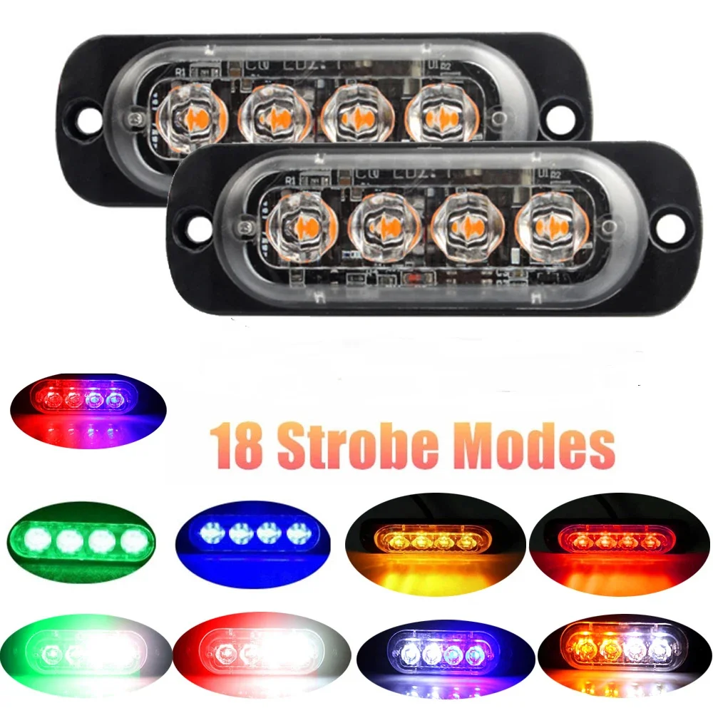 2pcs 4 Led Side Warning Strobe Grille Flashing Lightbar Car Truck Beacon Lamp Amber Yellow White Traffic Light 12V - 24V