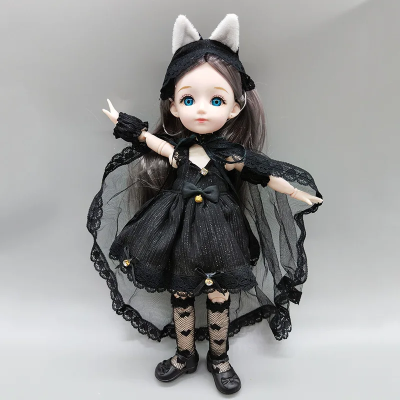 1/6 BJD Doll Full Set Black Cat 28 Cm Baby with Clothes Accessories Dolls for Girls Toy