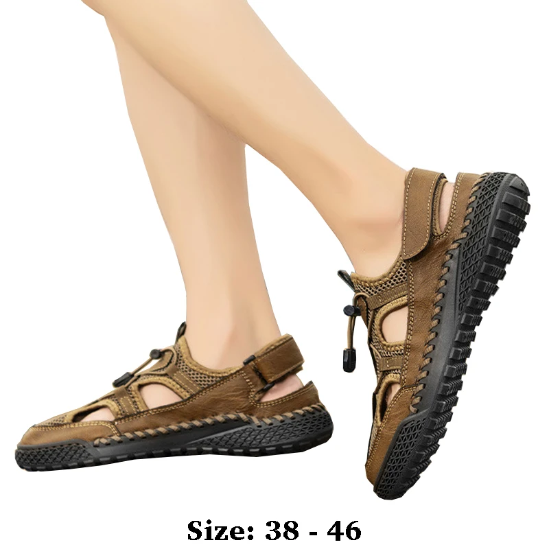

High quality leather flat sandals for men round toes new summer 2025 size 38 46 casual outdoor walking big size shoe khaki brown