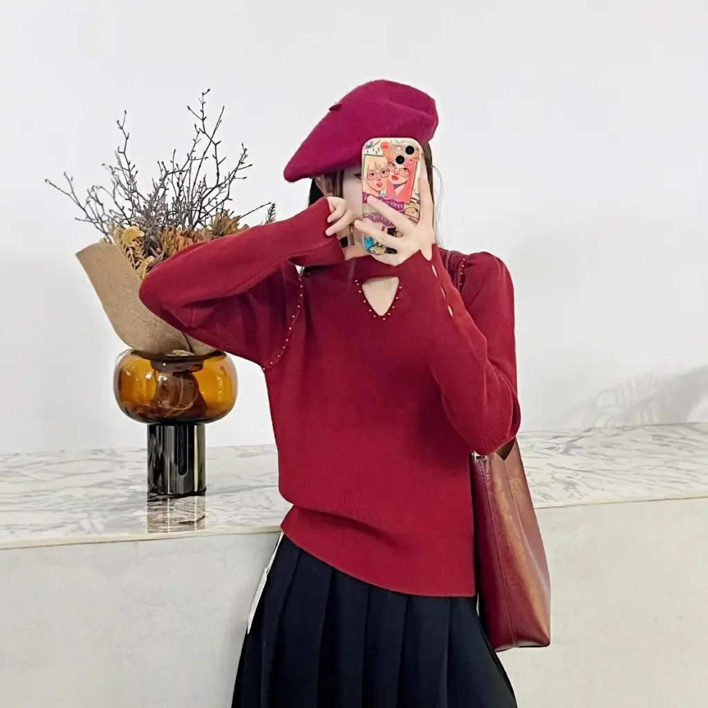 

Women's Elegant Knitted Knitwear Red Wool Slimming Cut out Beading Top Half Turtleneck Inner Shirt for Autumn Winter