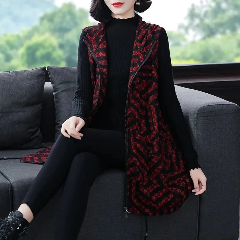 Luźna kamizelka damska plus size, odzież wierzchnia na wiosnę i jesień, długa, z kapturem, zapinana na zamek, w kratę, do pracy, stylizowana na kurtkę.