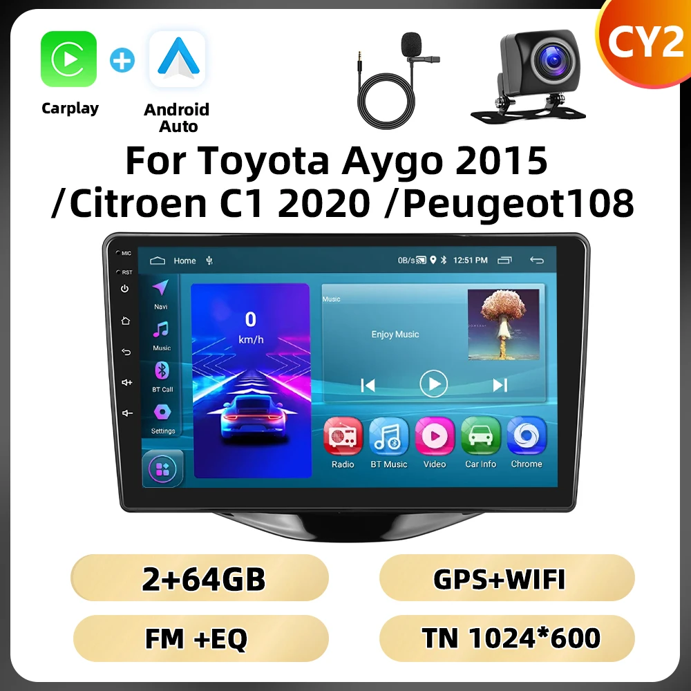 Podofo 8Core 2Din Autoradio Voor Toyota Aygo 2015/Citroen C1 2020/Peugeot 108 Multimedia Speler navigatie WIFI 4G Carplay DSP