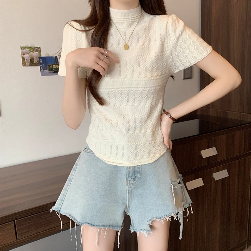 

Women Half Turtleneck Short Sleeve Tops Casual Solid Color All-match Summer T-shirts