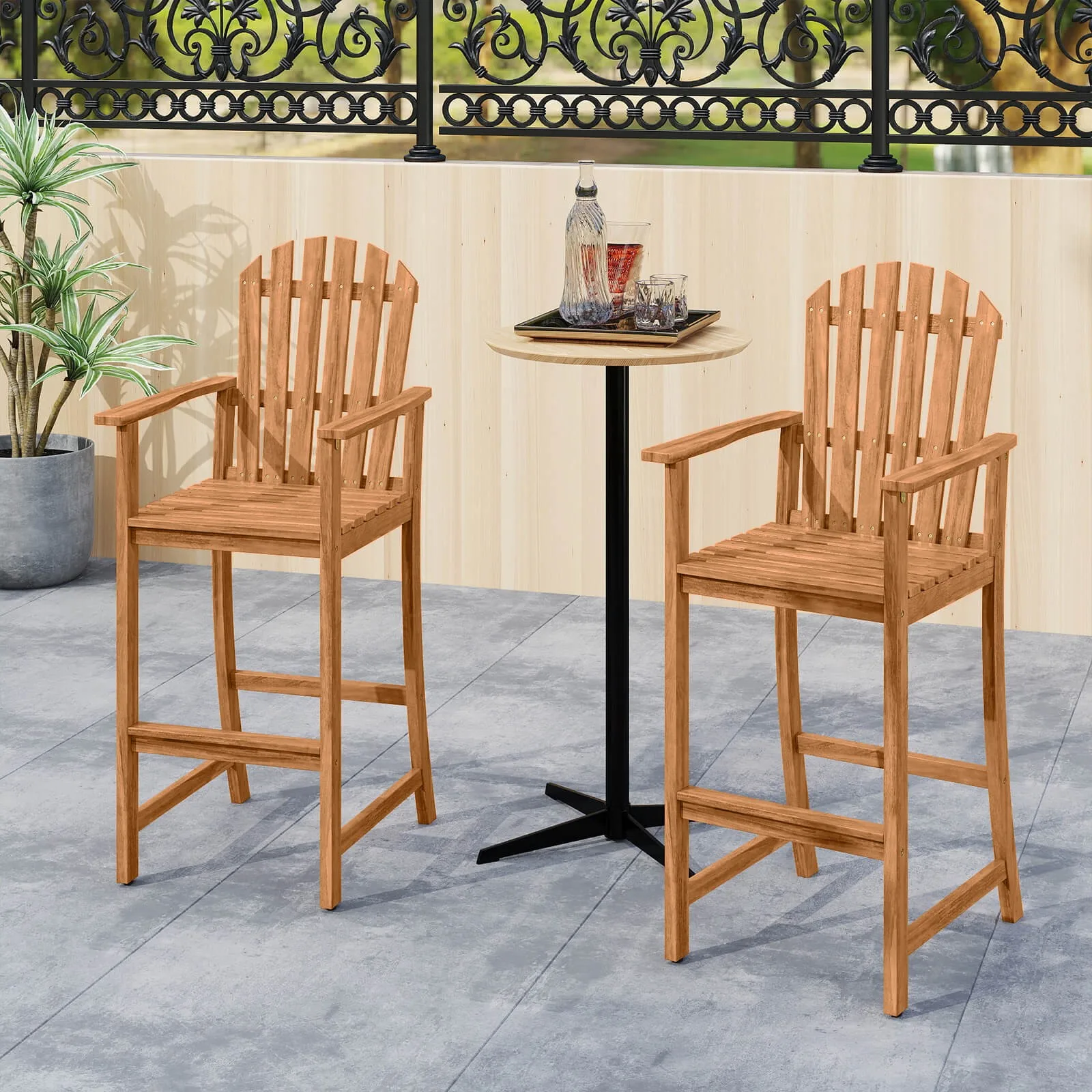 

Tall Adirondack Chair, Outdoor Acacia Wood Bar Stool w/Back, Armrests & Footrest