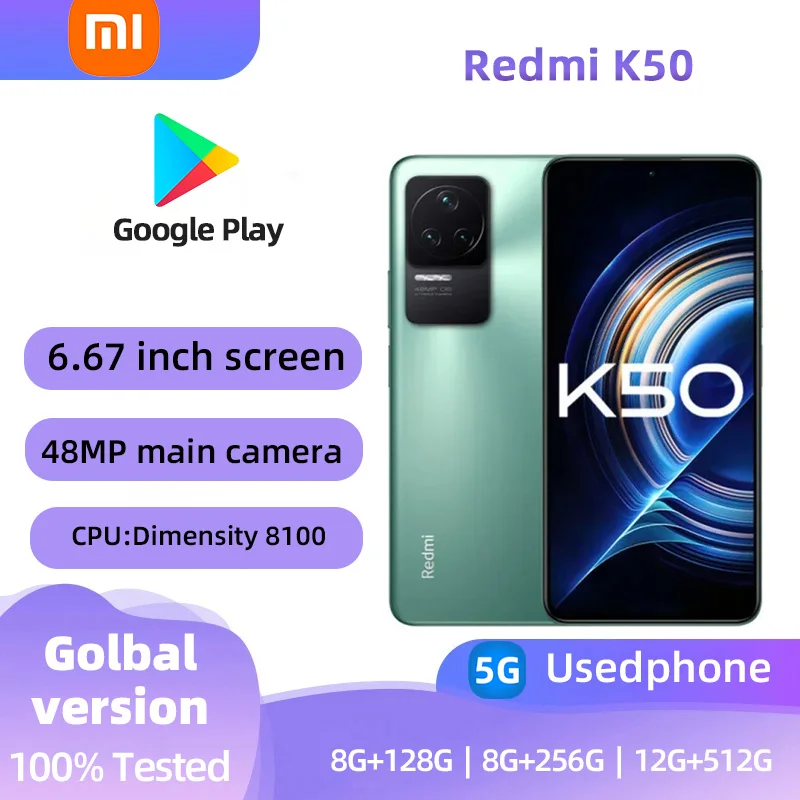 Xiaomi Redmi k50 5G Unlocked 6.67 inch Screen CPU MediaTek Dimensity 8100 48MP Camera used phone