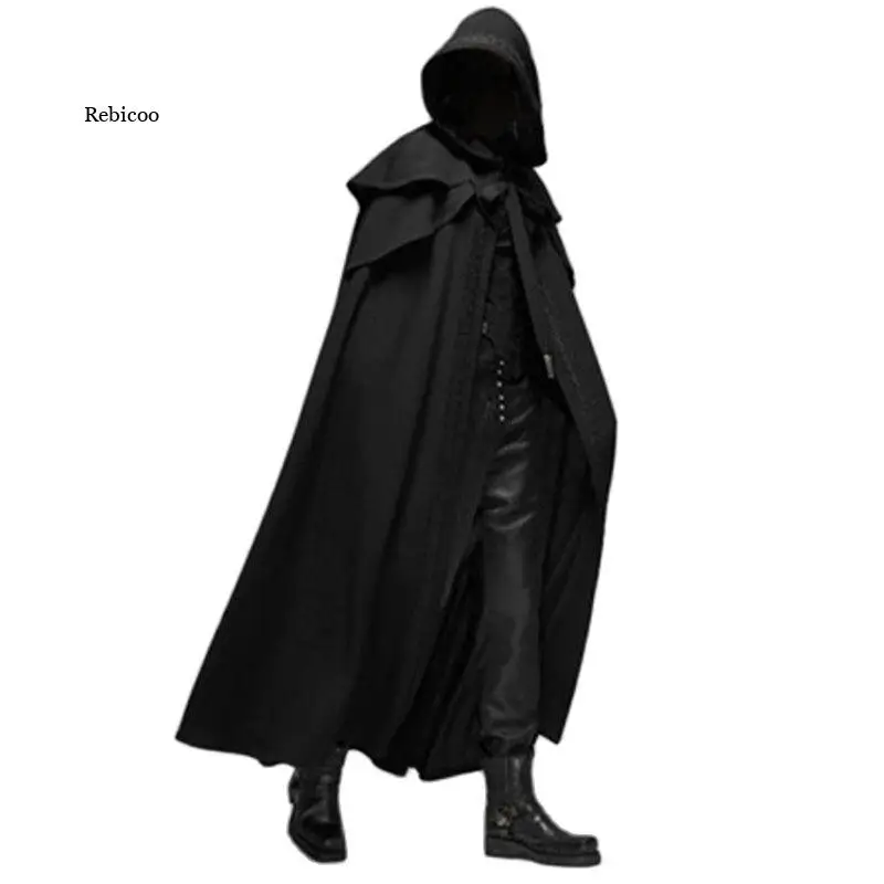 Hooded Solid Loose Men Black Cloak Coats Windproof Trench Coat Men Chic Winter Long Cape Poncho