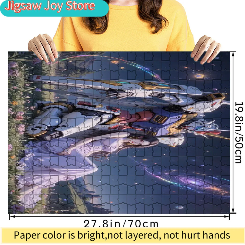 

Пазл из бумаги с изображением Gundam RX-78-2 и аниме-девушкой в фантастическом галактическом пейзаже, яркий бумажный пазл с изображением меха, высокое качество изображения.