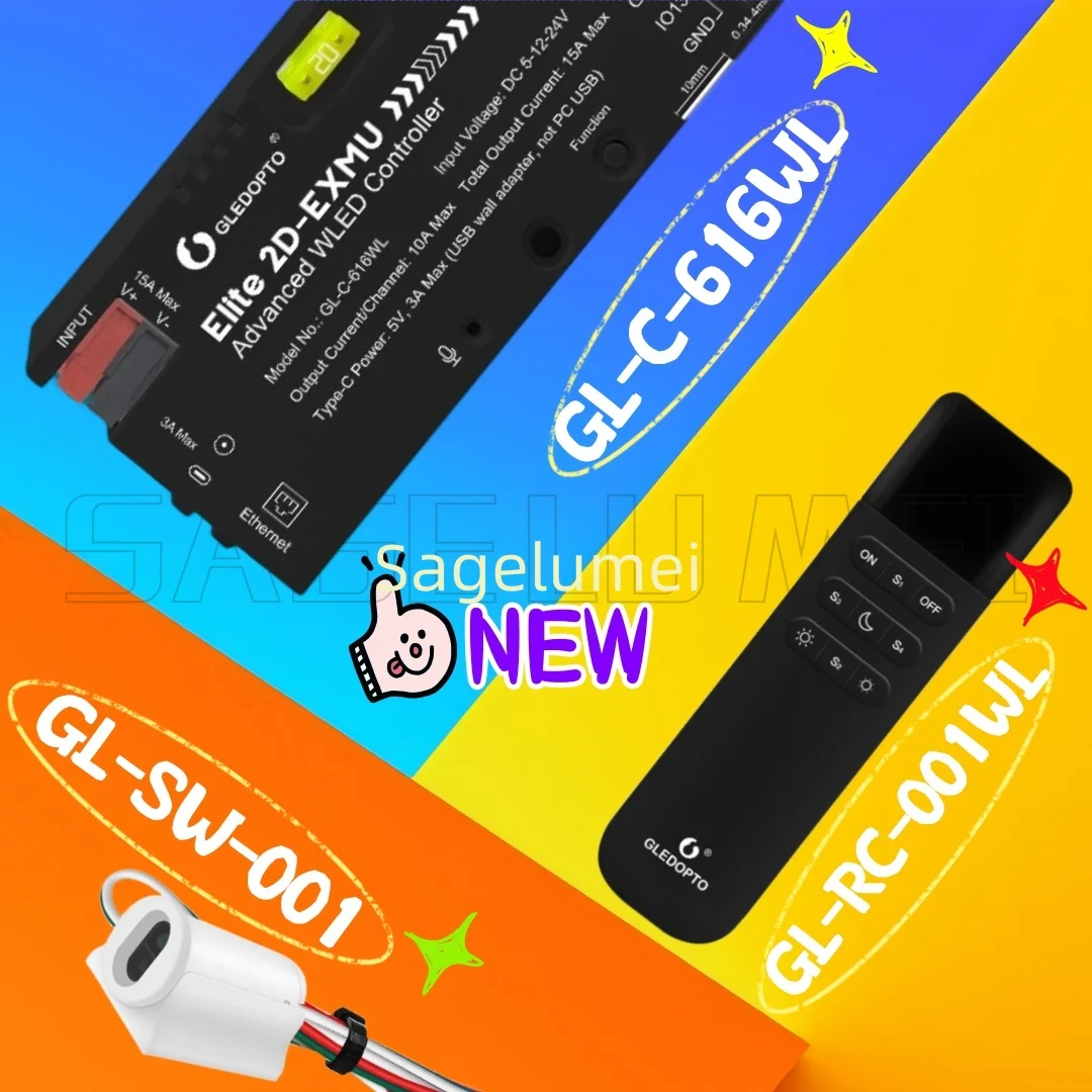 GL-C-616WL Advanced WLED Controller Elite Ethernet 2D-EXMU 5V 12V 24V WiFi APP Control DIY for RGBIC LED Strip Lights GLEDOPTO