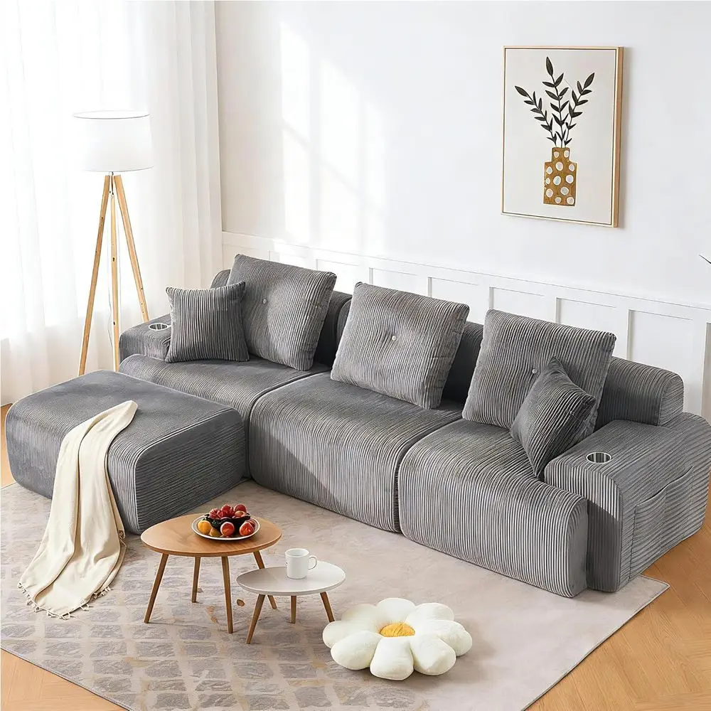 

Угловой диван-облако L-образной формы, 118 см, с глубоким сиденьем, из вельветовой ткани, с оттоманкой и подстаканниками, готов к использованию, серый