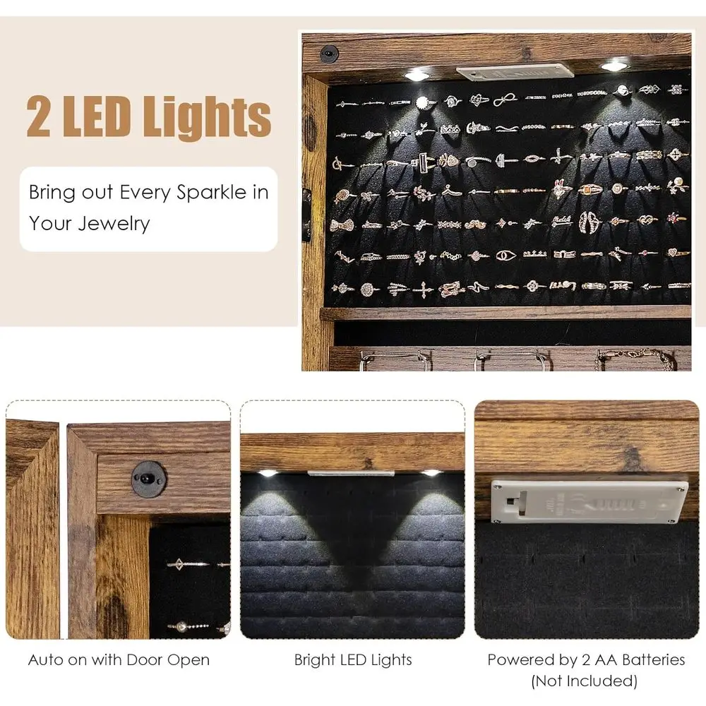 Rustic Brown Wall-Mounted Jewelry Armoire with Full-Length Mirror, LED Lights, Lockable Organizer, and Storage view 3