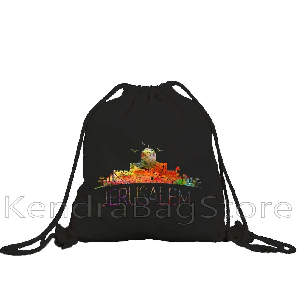 Arabische Keffiyeh Kalligraphie Geschenk Jerusalem Al Aqsa Moschee Retro Briefmarken Canvas Kordelzug Rucksack Sport Gym Sackpack String Bag