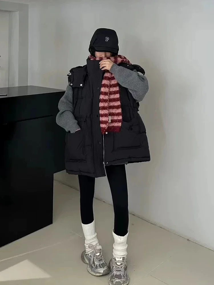 

Свободный однотонный пуховый жилет с капюшоном, женский жилет на белом утином пуху с большим карманом, женский теплый жилет на молнии с завязками, верхняя одежда