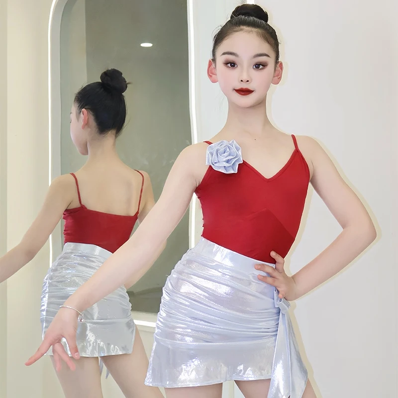 

2025 New Girls Performance Costumes Latin Dance Dress Red Strap Top Silver Skirts Split Suit Chacha Practice Clothes DQL10445