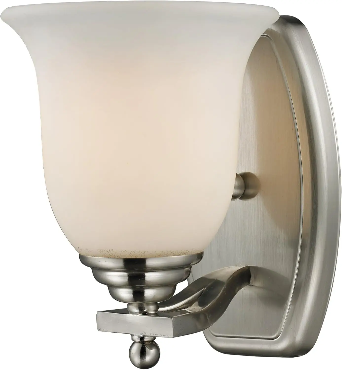 

704-1V-BN Lagoon One Light Vanity Light, Steel Frame, Brushed Nickel Finish and Matte Opal Shade of Glass Material