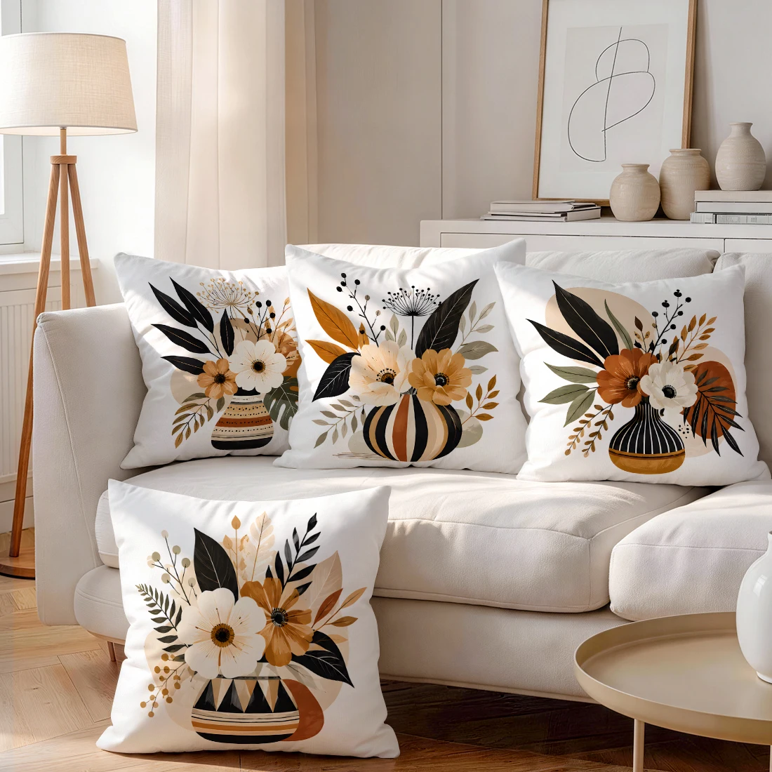 Caramel Color Abstract Vase Floral Cushions Pillowcase Polyester Cushion Cover Throw Pillow Pillowcover Home Car Sofa Decor