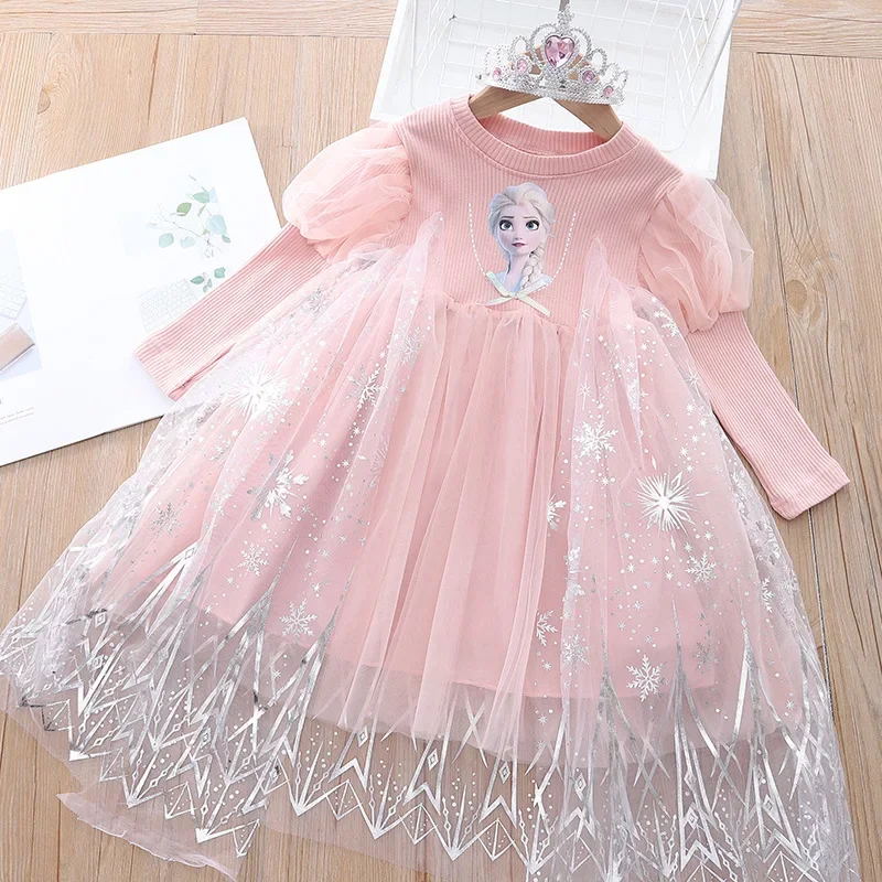 Girls Cartoon Dress 2023 Fall Fashion Frozen Elsa Princess Dresses Kids Long Sleeve Mesh Costume Crown+Magic Wand Girl Clothes