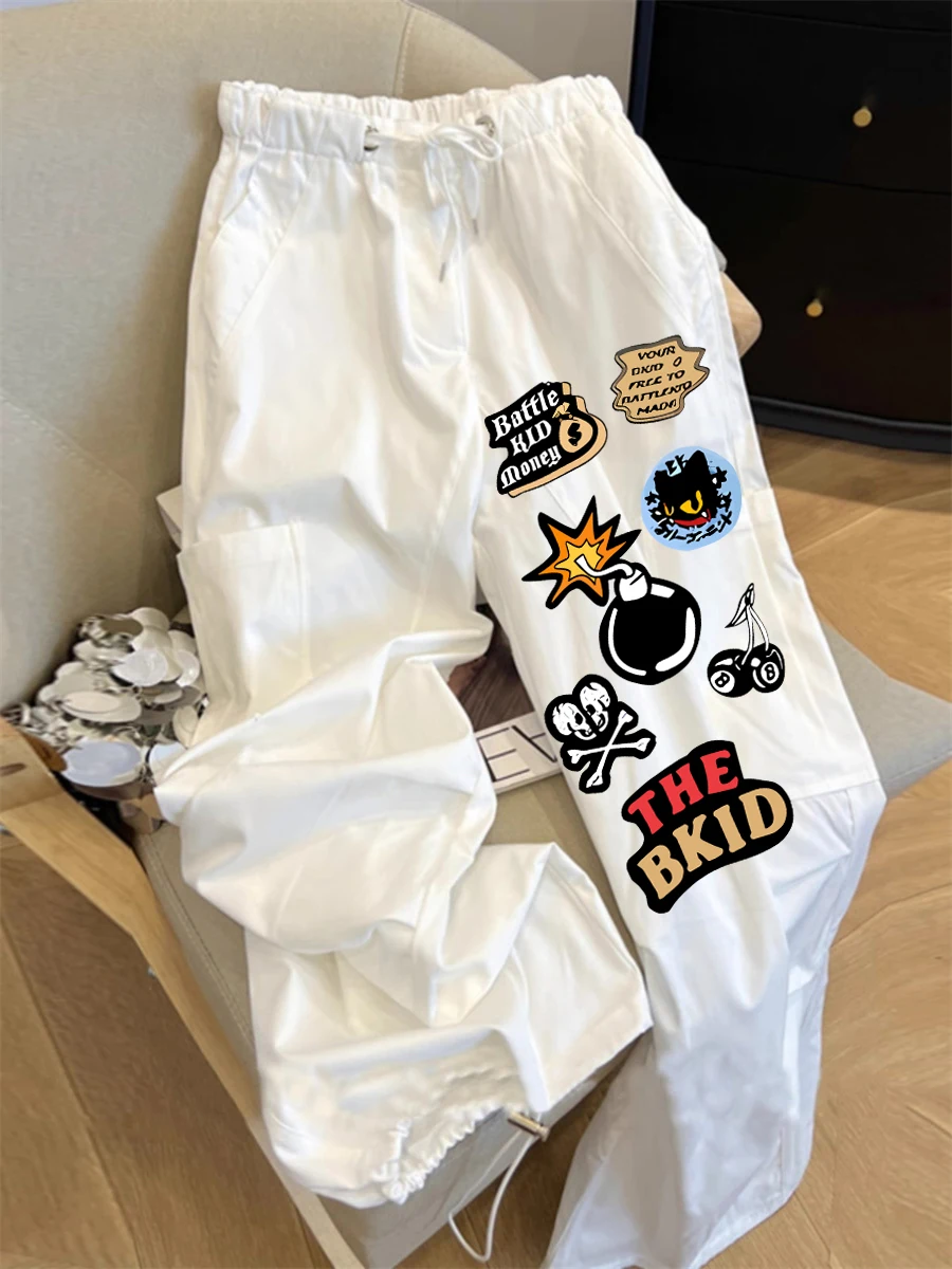 Weiße amerikanische Retro High Street bedruckte lässige Arbeitshose ex Sommer faule lockere Hose mit geradem Bein für Männer und Frauen