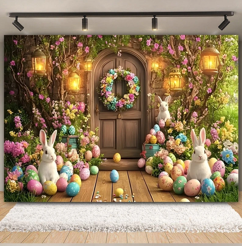 Sfondo fotografico di Pasqua primaverile Porta in legno Muro di mattoni bianchi Fiori Uova di coniglio Fiore Decorazioni per compleanno per bambini Sfondo fotografico