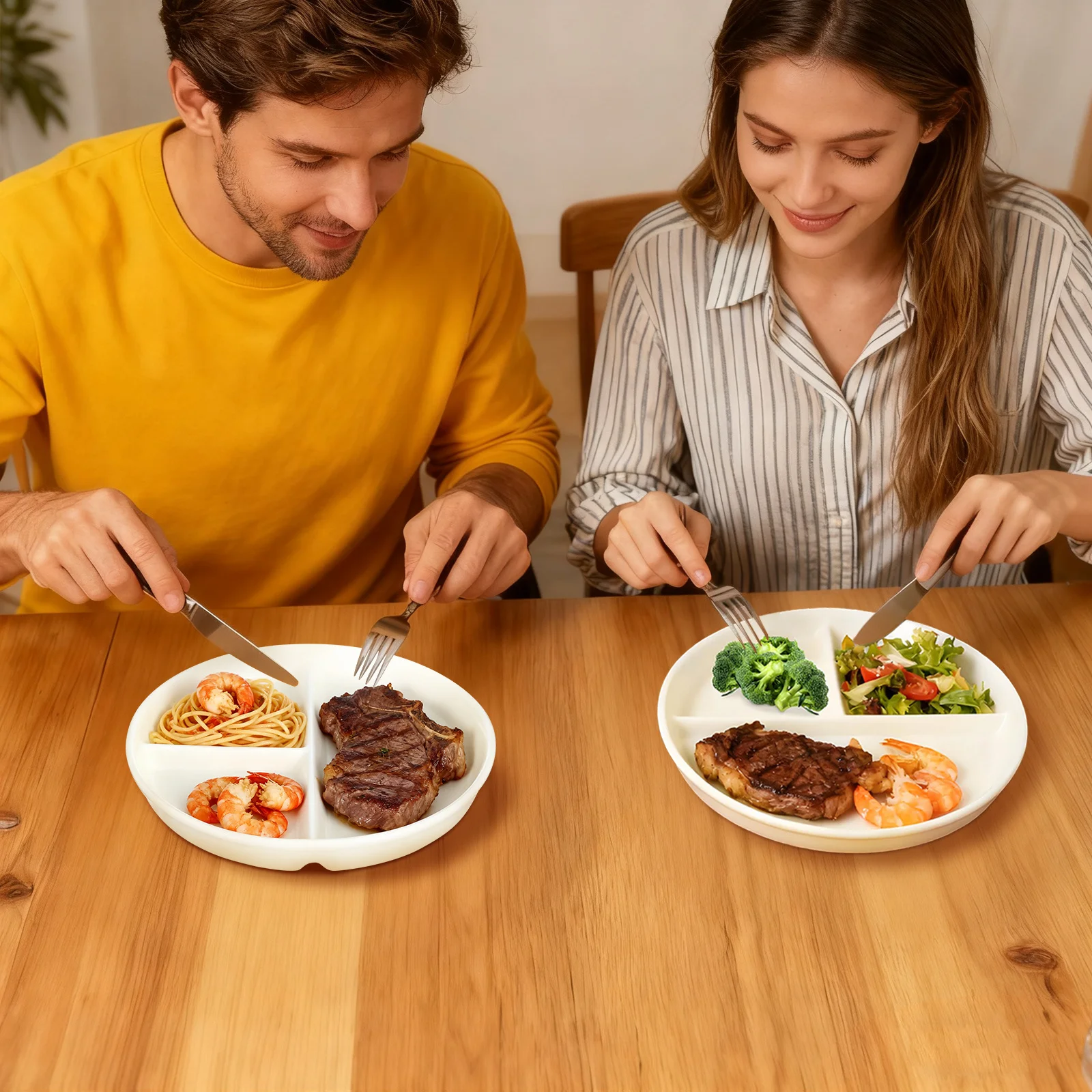 

8 Inch Porcelain Plate Three Compartments No Burrs Long Service Life for Dish Fruits Breakfast Steak Round Ceramic Plates