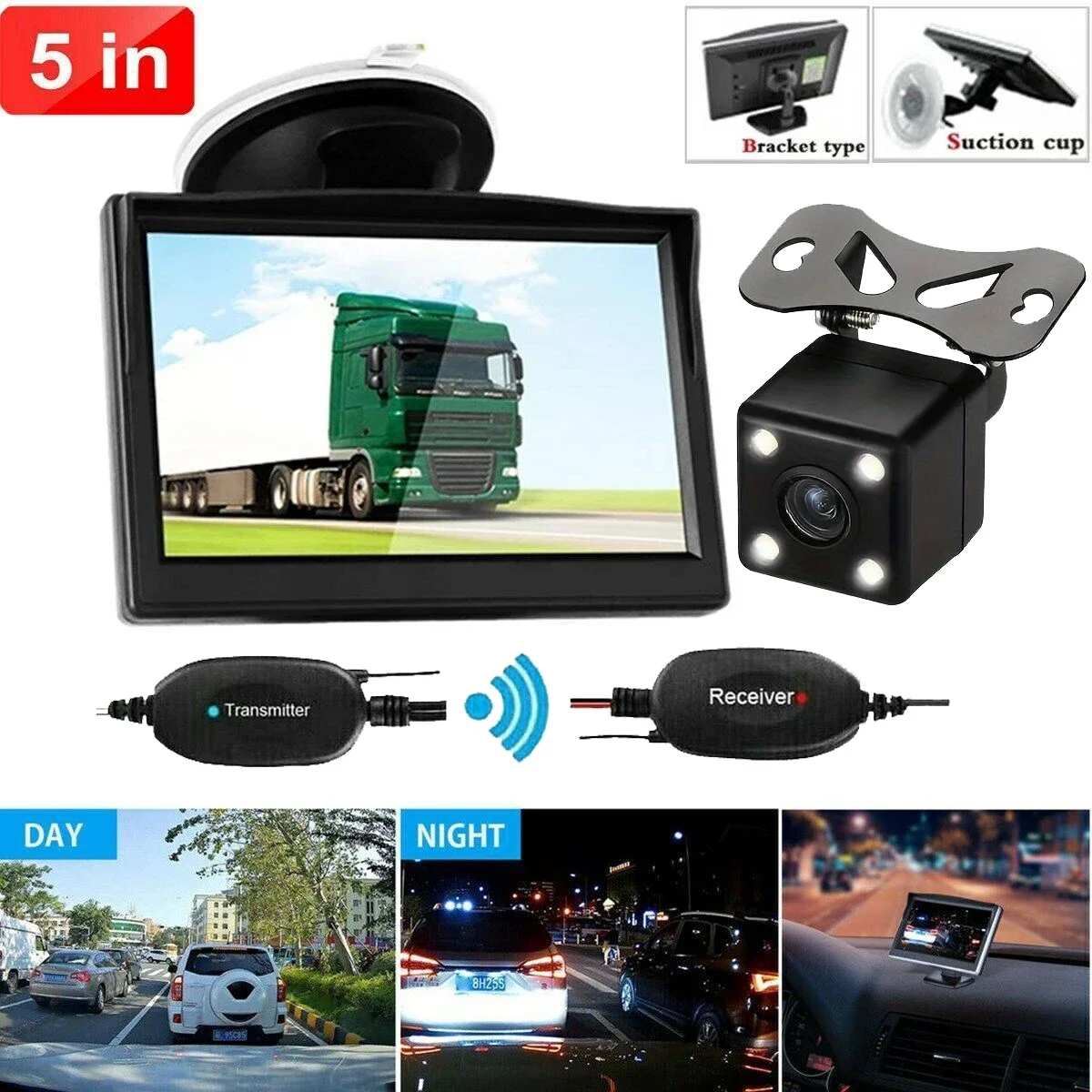 

Backup Camera Wireless Car Rear View HD Parking System Night Vision + 5" Monitor