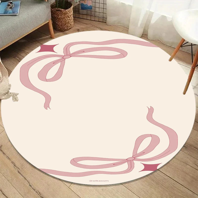Rainbow Bow Rug Cream White Round Felt NonSlip Carpet For Bedroom Bedside Living Room Gradient Ribbon Sweet Floor Mat