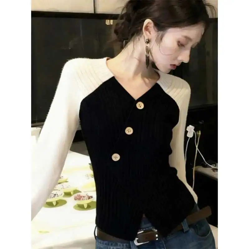 

Women Clothing Autumn Winter Fashion Knitting Color Blocking Button V-neck Women Temperament Slim Versatile Sweater Pullovers