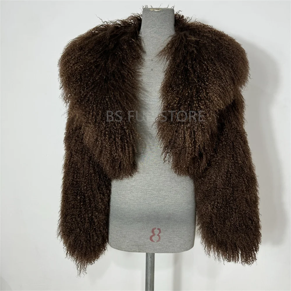 Giacca invernale da donna calda e soffice, cappotto di pelliccia mongola autunnale femminile, colletto rovesciato grande, cappotto corto in vera pelliccia
