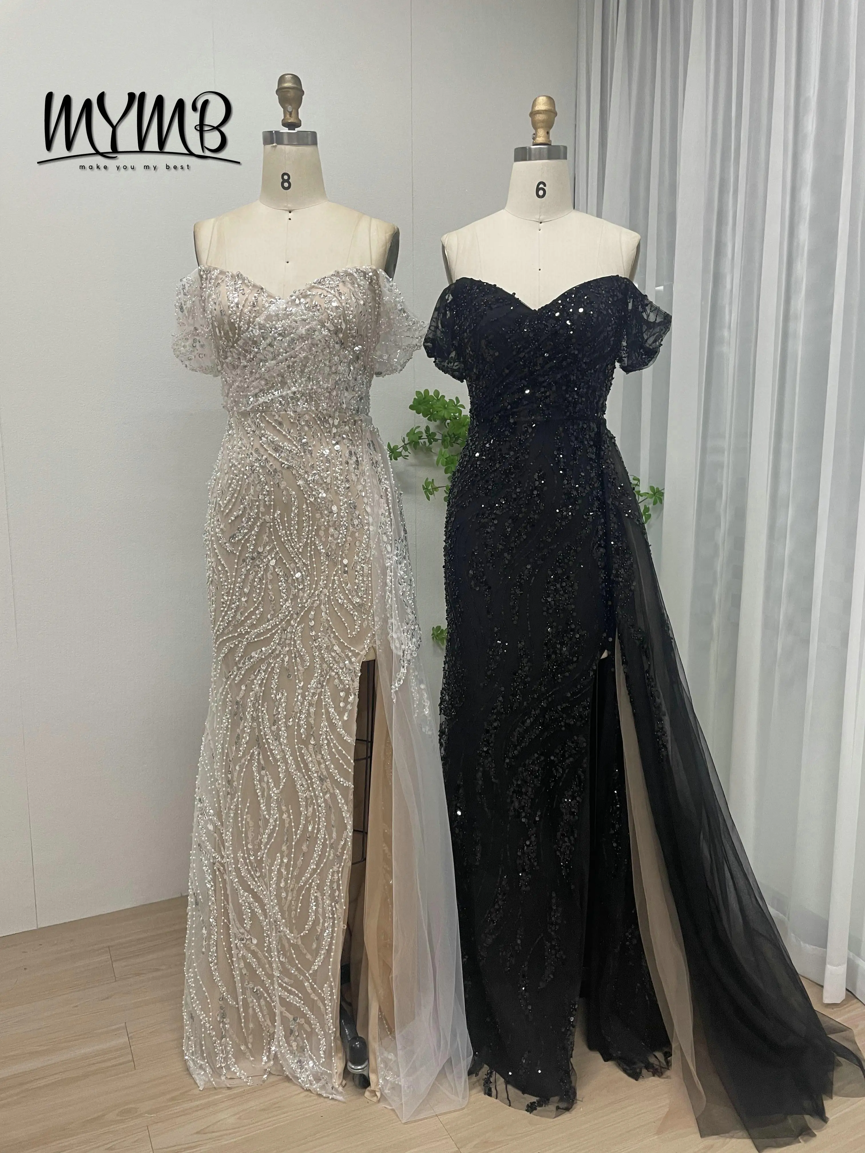 Mymb chique brilhante fora do ombro vestido de noite para senhoras querida sem mangas fenda pérola sexy plus size até o chão baile my30022