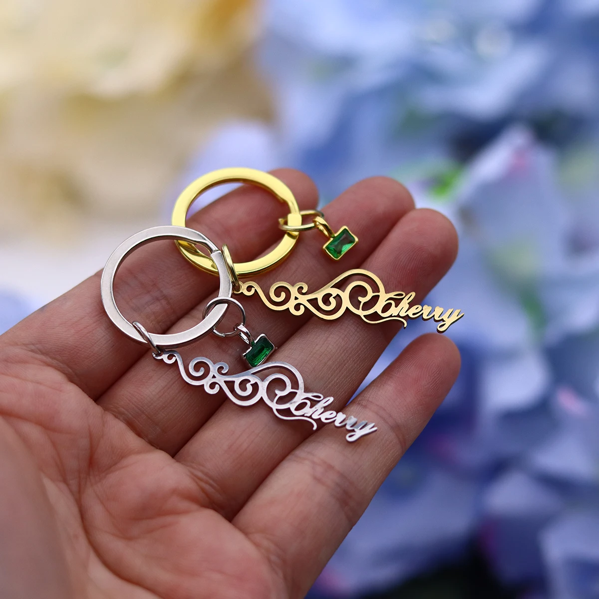 Chandler Stainless Steel  Hollow Filigree Script Name Keychain with Green Crystal Charm - Stylish Daily Accessory for Women