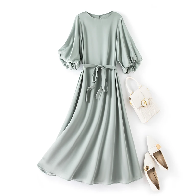 2023 Women\'s Fashion Summer New Solid Color Bud Sleeve Round Neck Double Qiao Satin Natural Silk Dress