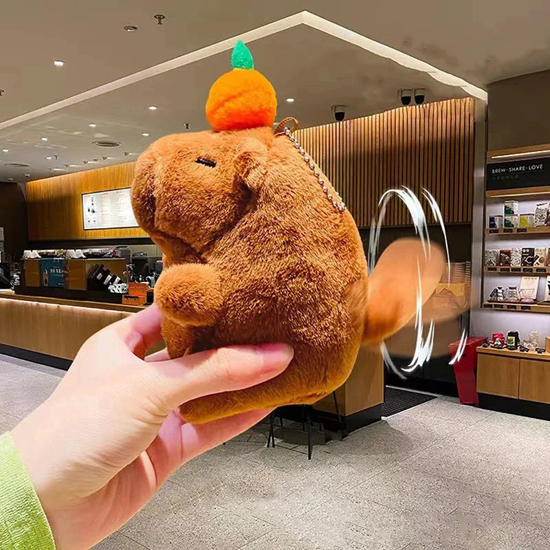 Kawaii Capybara Wagging The Tail Plush Toy Cartoon Stuffed Animal Keychain Lovely Bag Pendant Car Key Holdr For Birthday Gifts