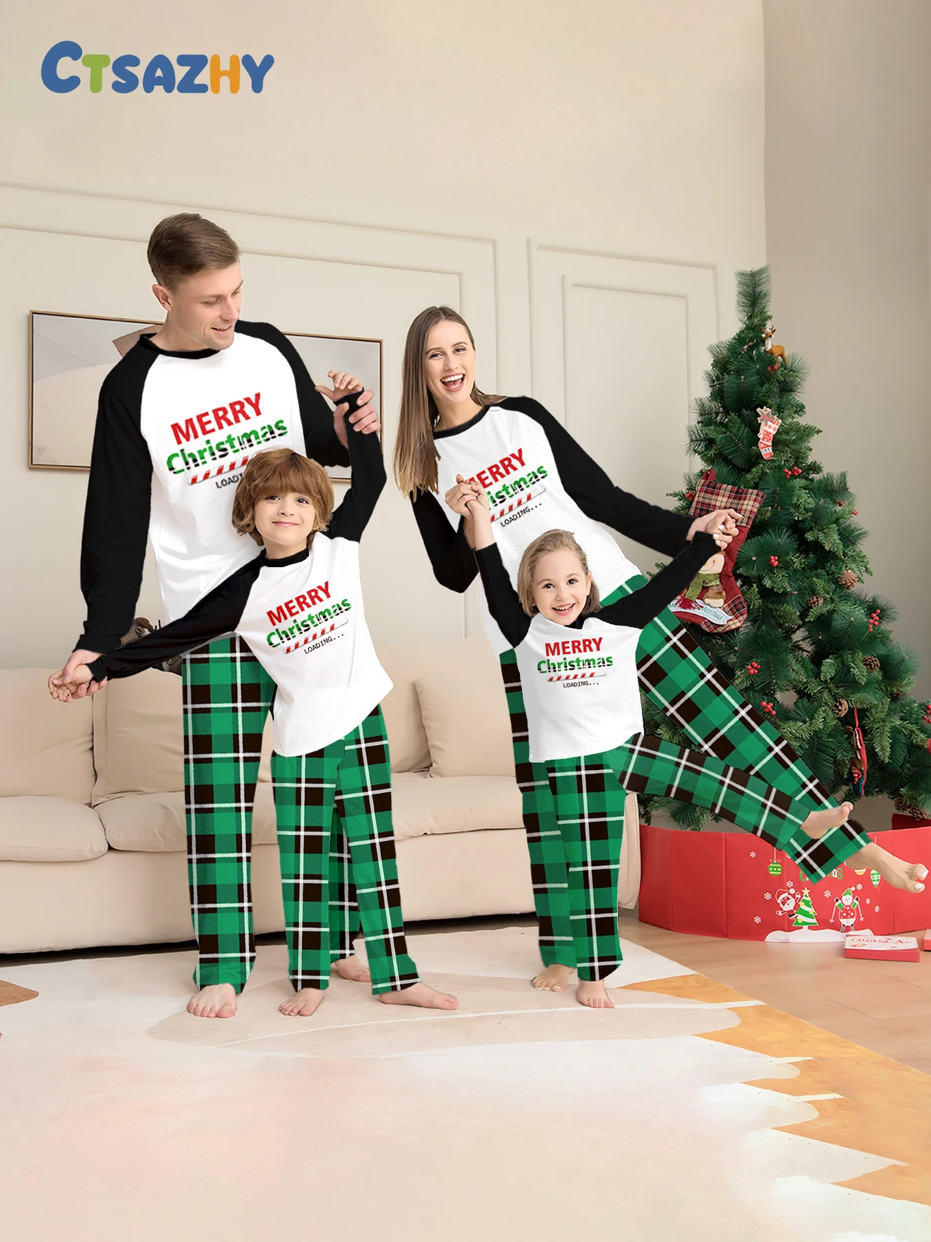 

Merry Christmas Family Matching Pajamas Raglan Sleeve Top with Green Plaid Pants Sleepwear for Men Women Children