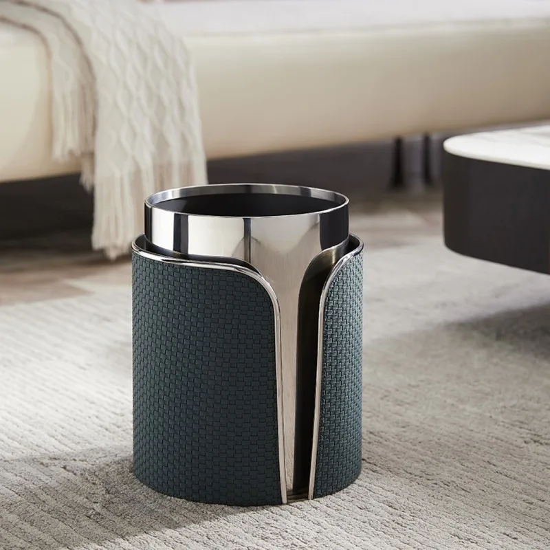 Light luxury leather trash can, household living room kitchen large capacity uncovered high-end office wastebasket