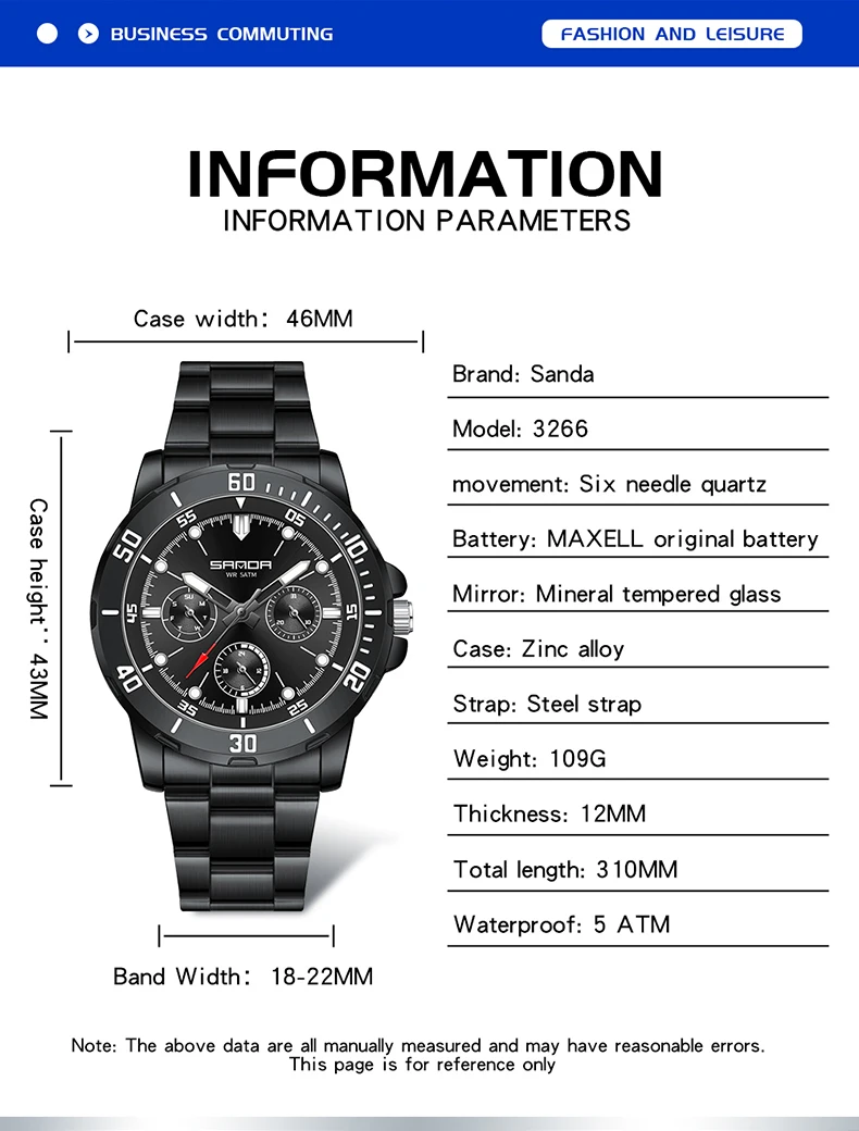 SANDA 2025 Orologio elettronico da uomo nuovo Quadrante grande Orologio al quarzo da uomo con calendario luminoso impermeabile multifunzionale 3266