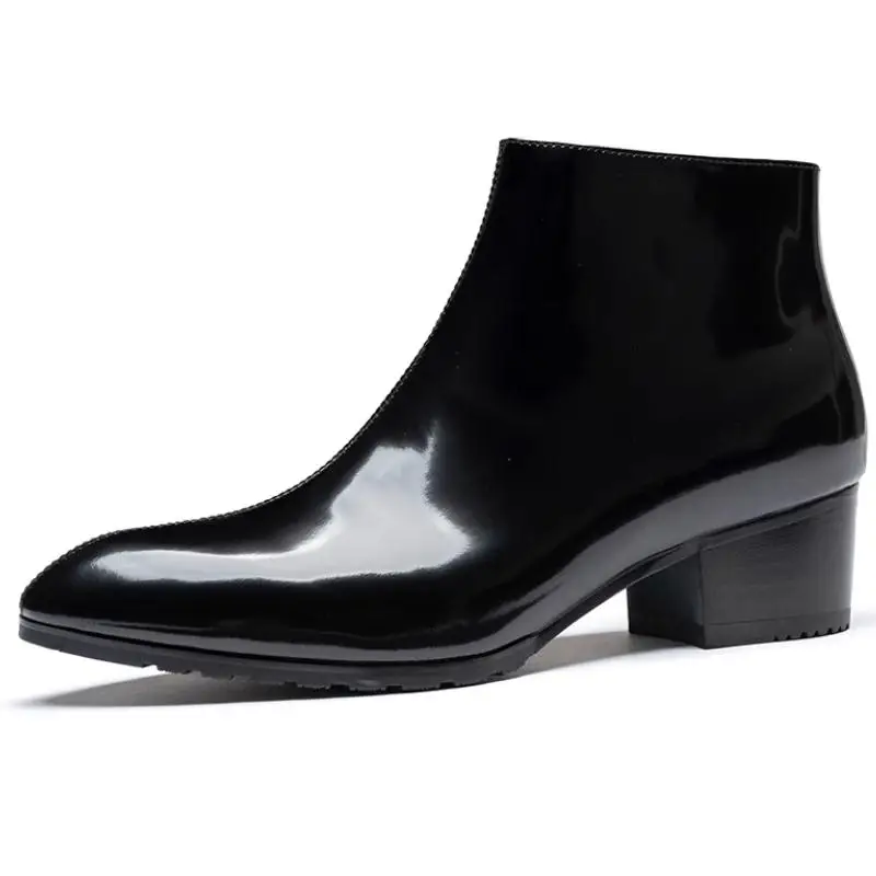 New Luxury Patent Leather Chelsea Ankle Boots Men 5cm Height Increase Fashion Concise Boots Mens Wedding Dress Pointed Toe Boots