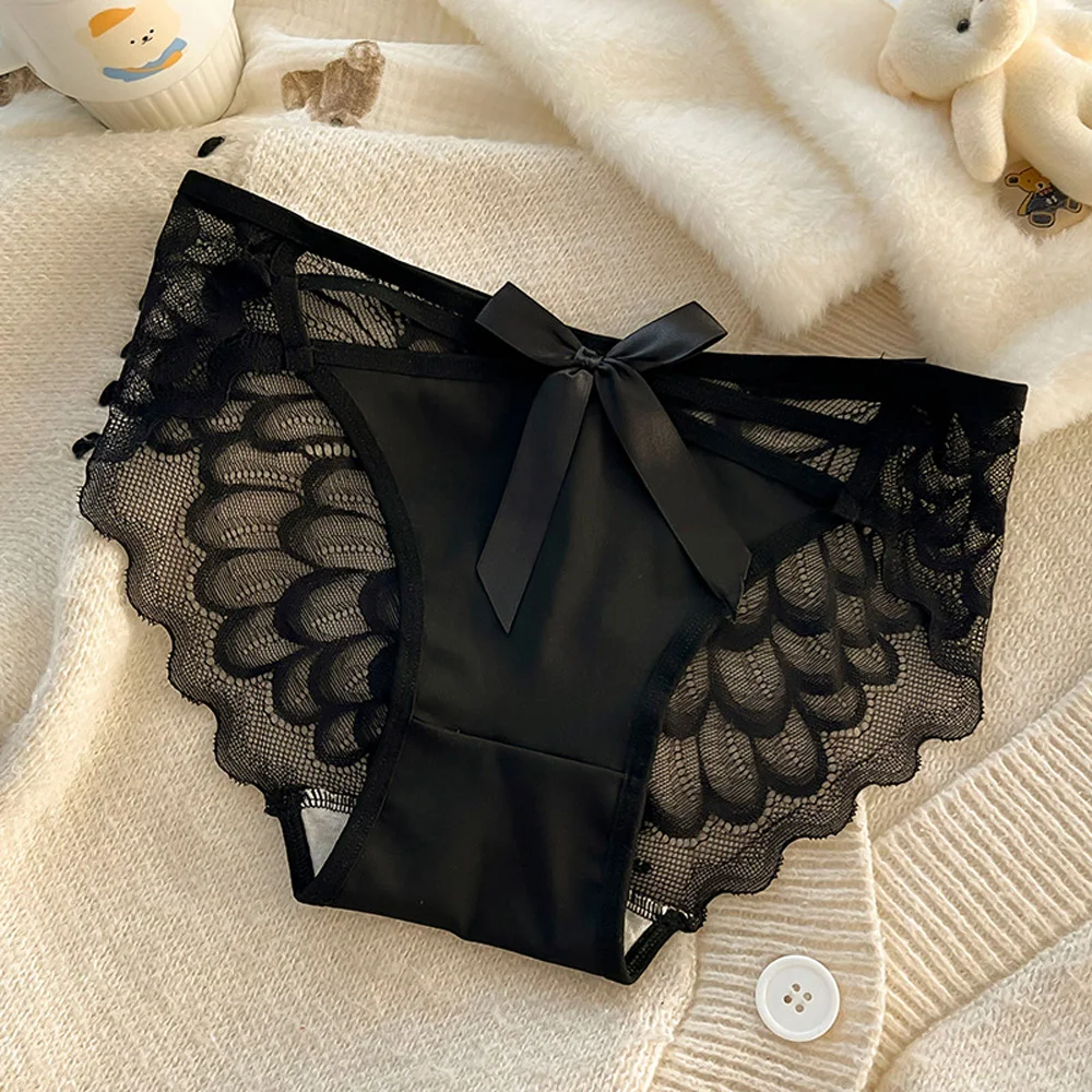 Damenhöschen, Damen-Spitzenhöschen, Baumwollzwickel, mittelhoher, niedriger Bund, atmungsaktive Dreiecksunterwäsche, sexy, reines Design mit Spitzen-Taille