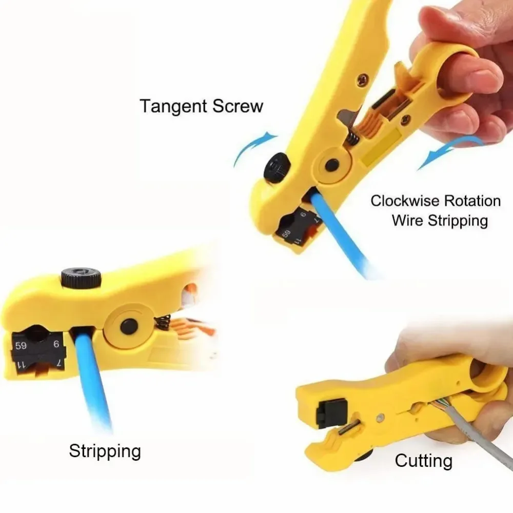 Multifunctional Cable Stripper Cutter Tool For CAT6/5E/5 Round Flat Ethernet Cable RG59/6/7/11 Coaxial Wire Stripping Cutting