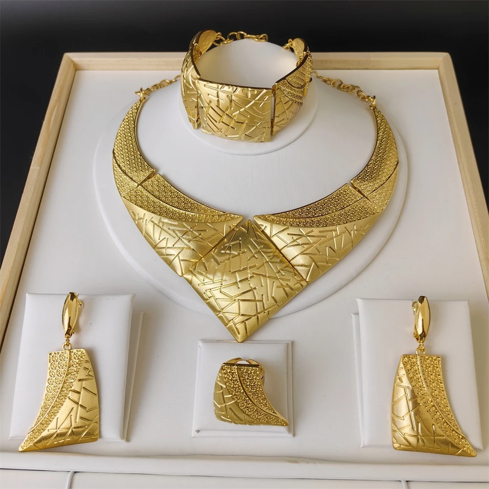 Luxury African Bridal Wedding Party Gifts Italian 18K Gold Plated Jewelry Set for Women Necklace Drop Earrings Bracelet Ring