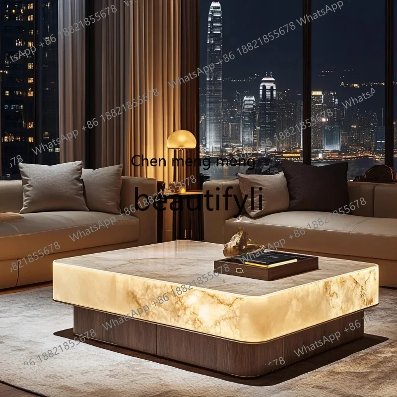 

GLuminous jade coffee table natural marble rectangular luxury stone solid wood advanced light luxury living room coffee table