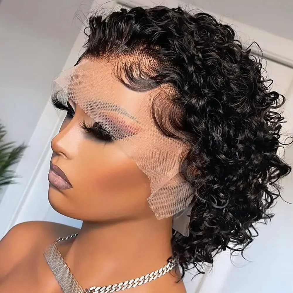 13x1 Transparent Lace Front Water Wave Short Bob Wig Pixie Cut Curly Human Hair Wig for Black Women Brazilian Virgin Hair view 6