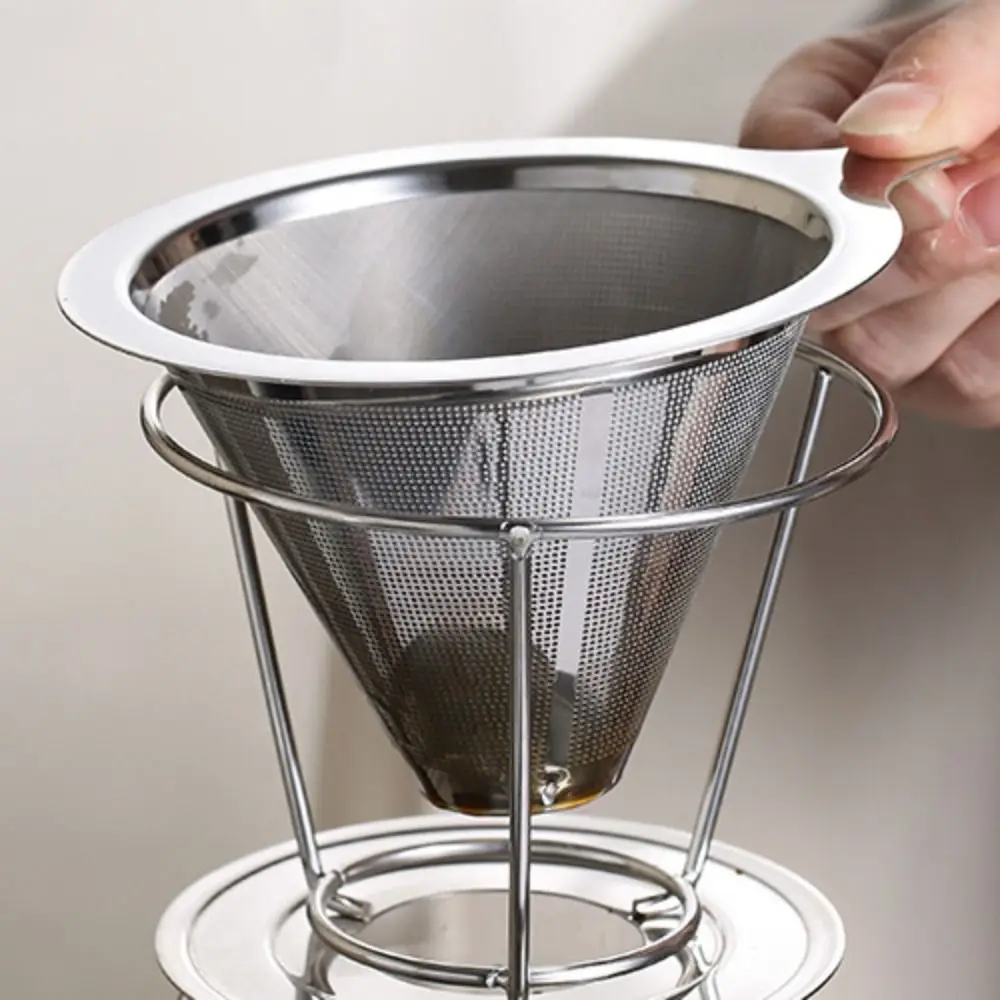 Double Layer Coffee Funnel Stainless Steel Reusable Coffee Dripper Strainer with Holder Durable Coffee Filter