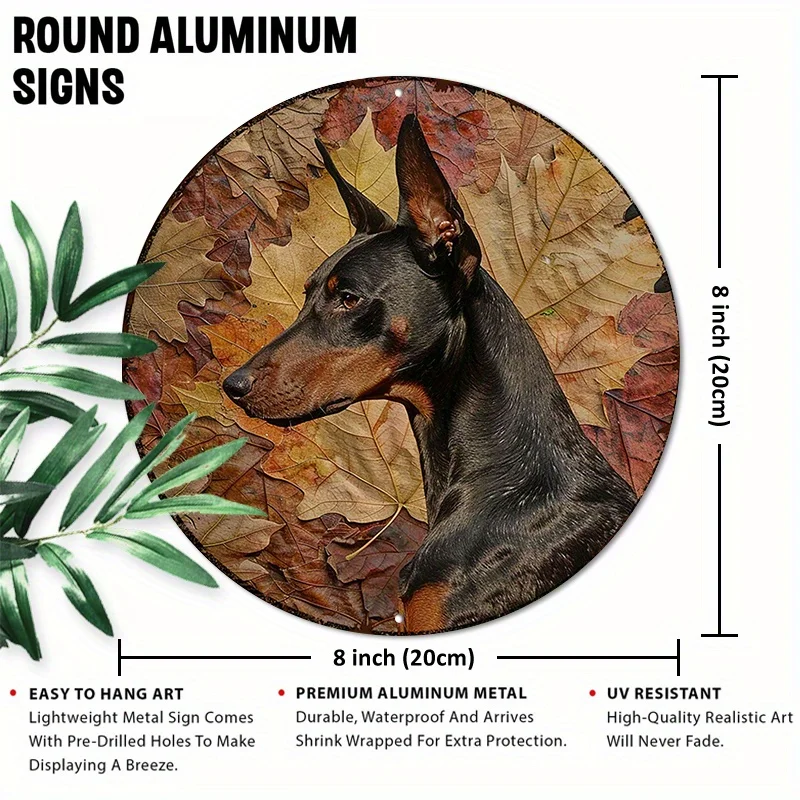 لافتة ألومنيوم مستديرة مقاس 8 × 8 بوصة: لوحة فنية جدارية من دوبيرمان بينشر ذات أوراق مجففة - مقاومة للماء والأشعة فوق البنفسجية لديكور المنزل #2